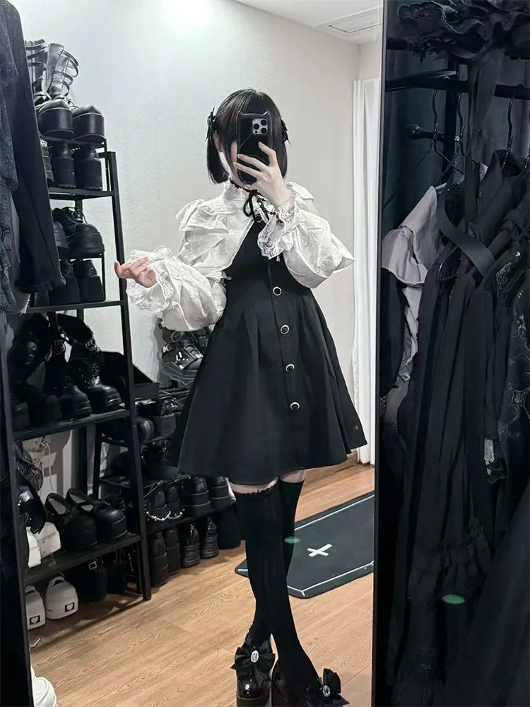 النمط الياباني Kawaii كشكش فستان قصير المرأة جميل الدانتيل تصميم جديد أسود أزياء من الدانتل الربط فو قطعتين فساتين حلوة