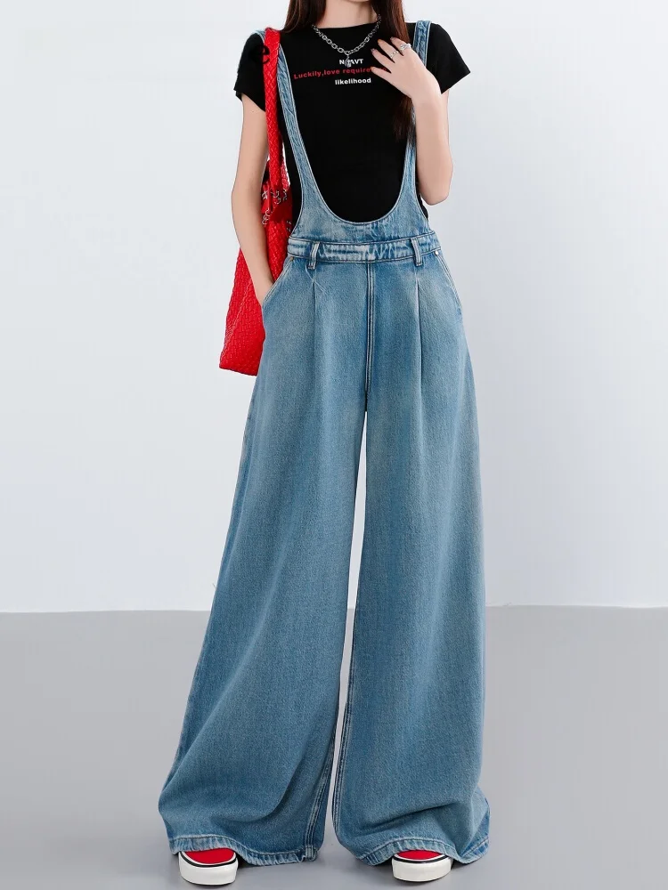 

La Chapelle Американские широкие джинсовые брюки женские свободные драпированные комбинезоны прямого кроя скрывающая бедра осенняя коллекция