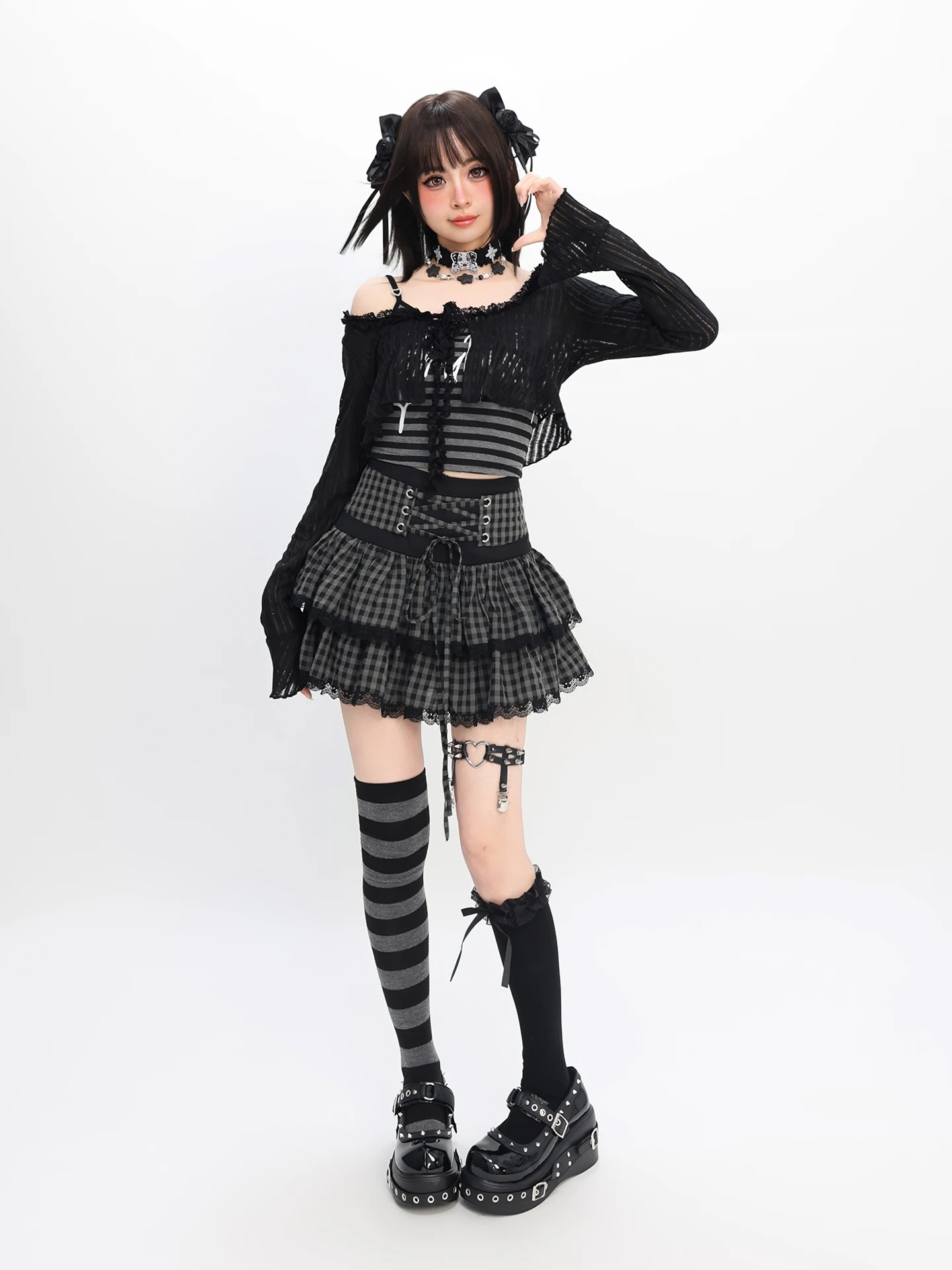 Mode Süße Kühle Subkultur Mädchen Y2k Top Lange ärmeln Shirts Hohe Taille Spitze-up Bogen Vielseitig Plaid Mini röcke Frauen Sommer