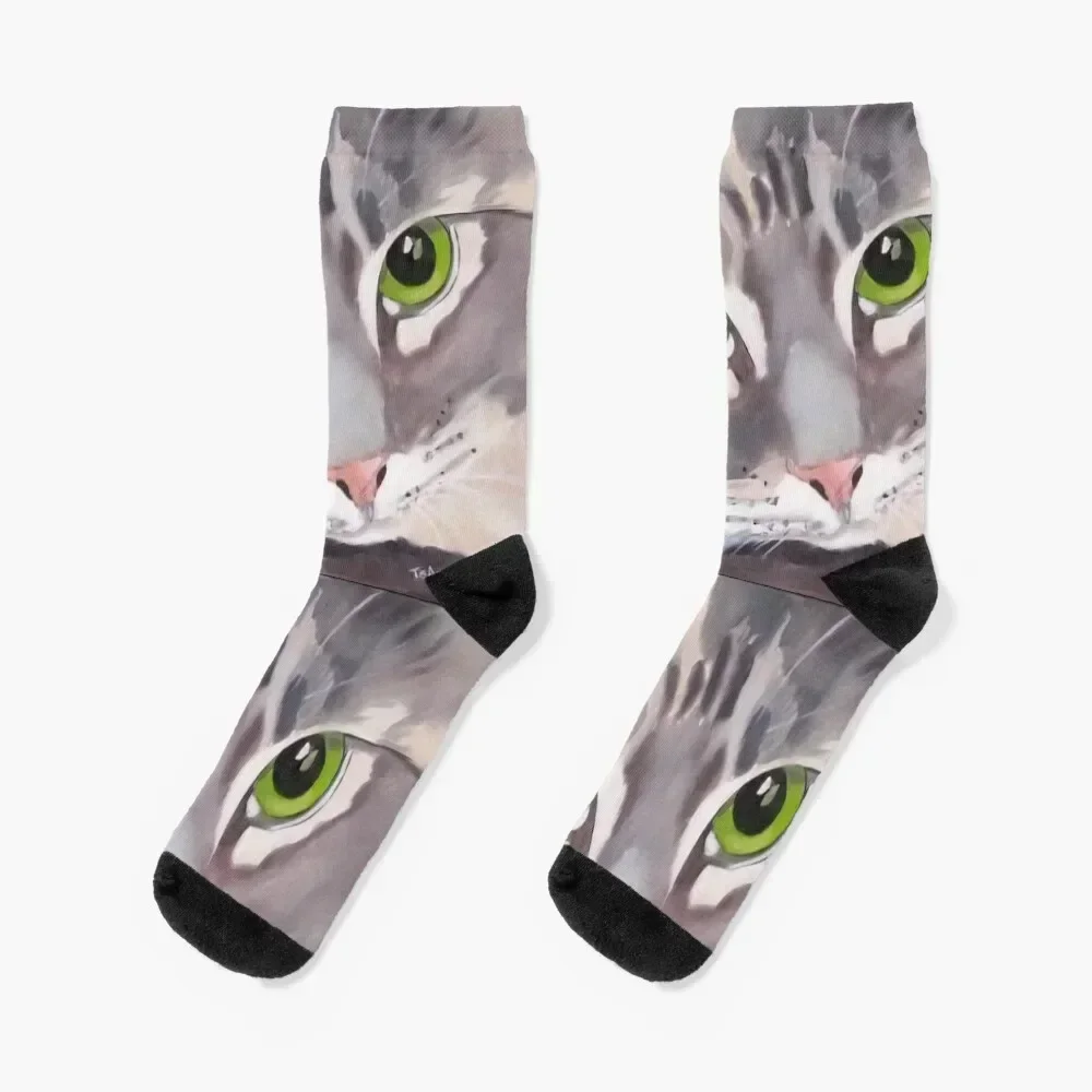 

Cute Tabby catpainting in Acrylics Socks gift snow Running hiking Designer Man Socks Women's