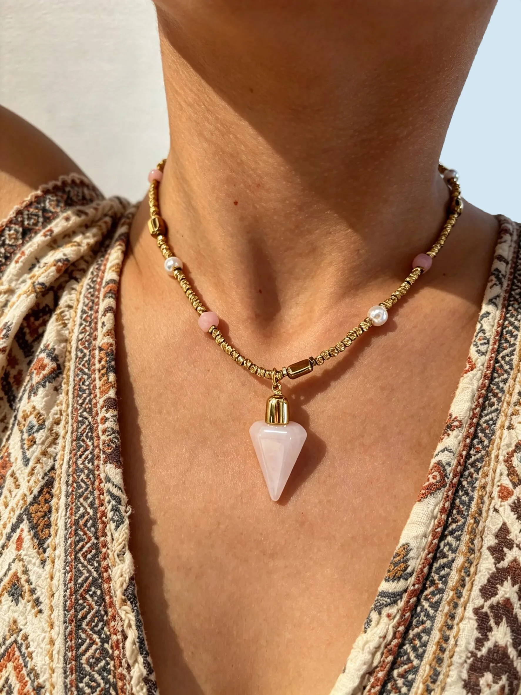 Peri'sbox New Hexagonal Column Pink Crystal Pendant Imitation Pearl Natural Stone Handmade Beaded Women Stainless Steel Jewelrys