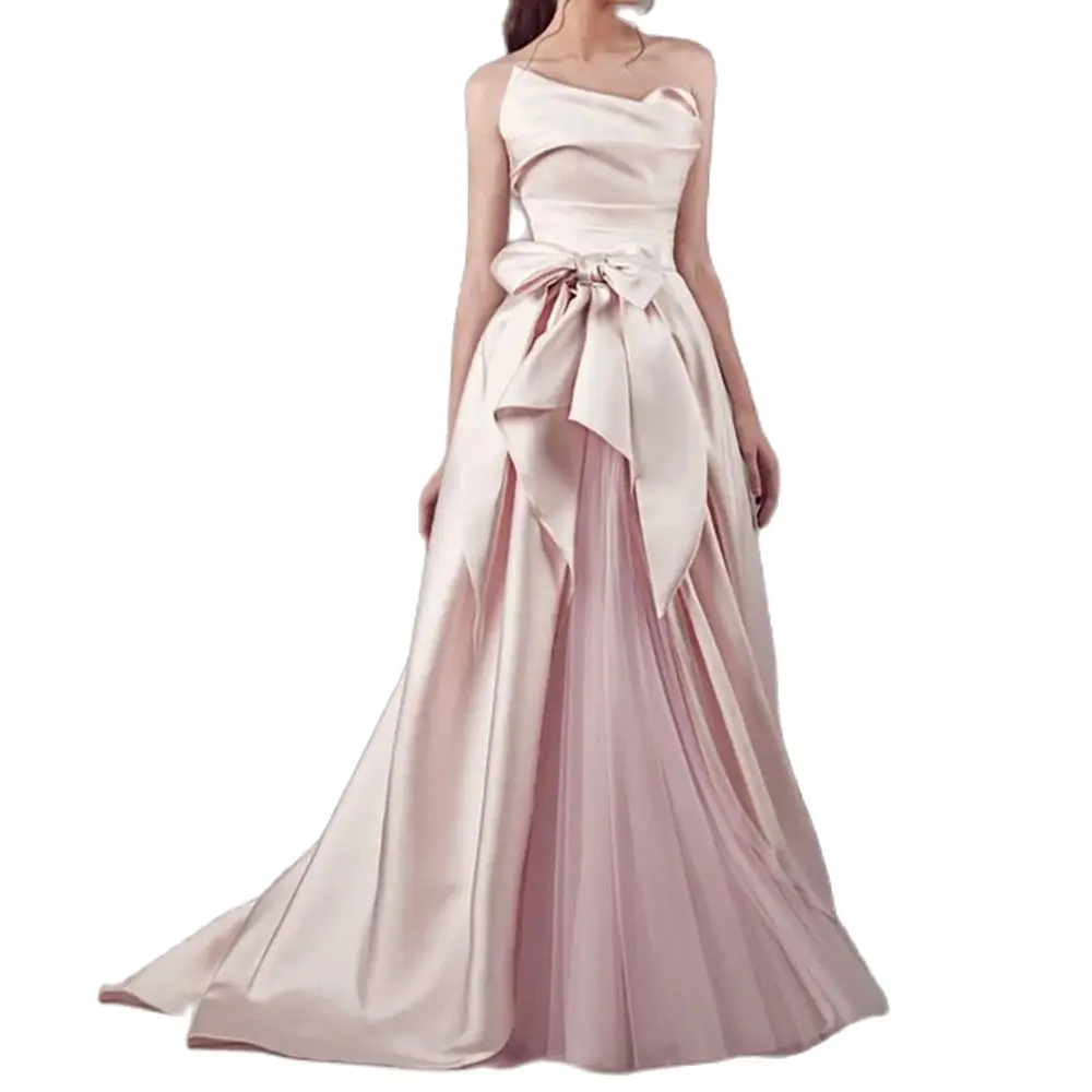 Pink Strapless Organza Prom Dresses Bow Sleeveless Chapel Train A-Line Gowns Elegant Women Luxury Evening Dress For Formal Party