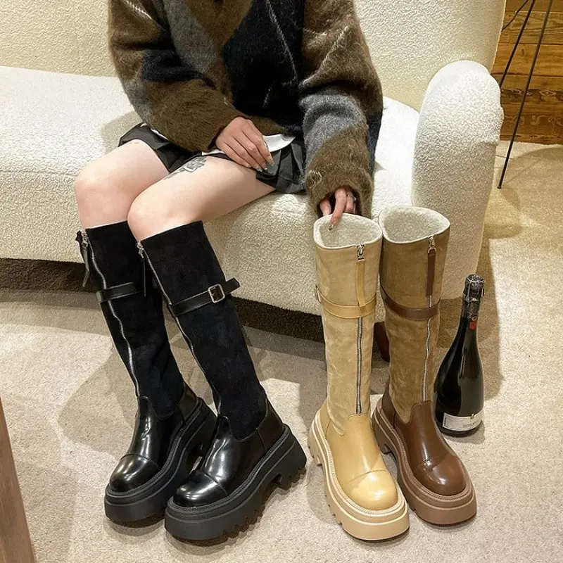 

2024 Autumn Winter New Color But Knee Slim High Platform Knight Female Boots Fashion Retro Front Zipper Thigh-high Boots Fashion