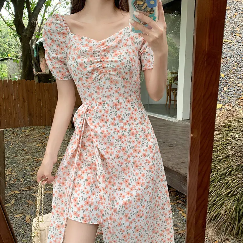 

Chiffon Slit Dress Pure Desire Waist Cinching Slimming Belly Covering Floral Print Versatile Popular Street Style Midi Dress