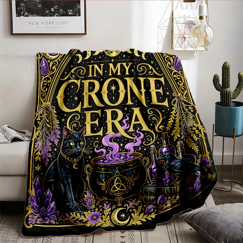 Crone Era Flannel Blanket, Gothic Raven Cauldron Throw, Witchy Botanical Gift for Women