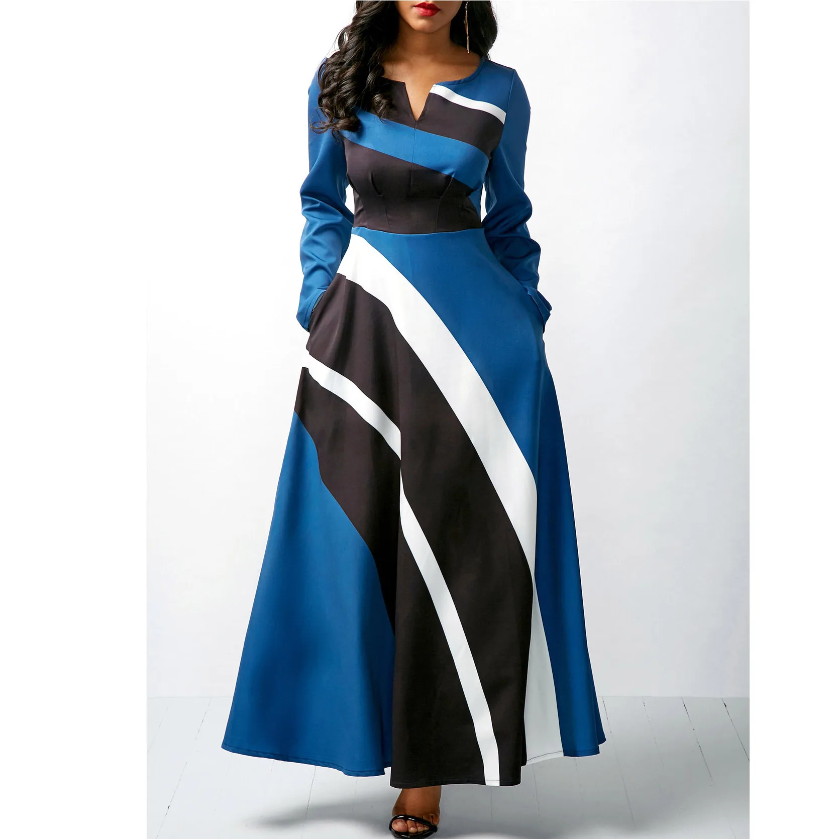 

Striped Printed Dress for Women V-Neck Plus Size Casual Basic Pockets Elegant Vintage Long Sleeve Autumn A-line Dresses