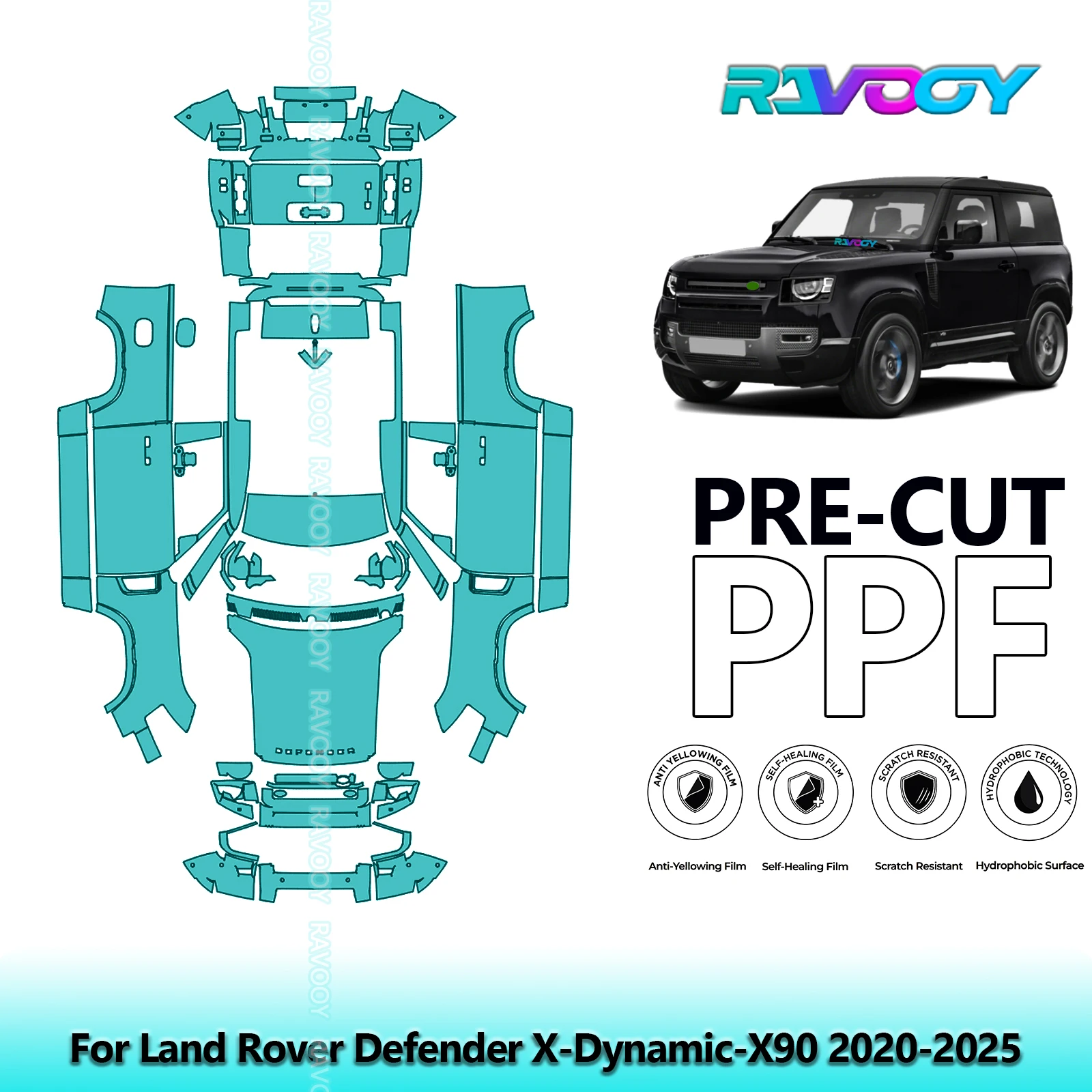 RAVOOY 8.5Mil Custom-Fit Precut TPU PPF Full Vehicle Clear Bra Stone Guard EU UK For Land Rover Defender X-Dynamic-X90 2020-2025