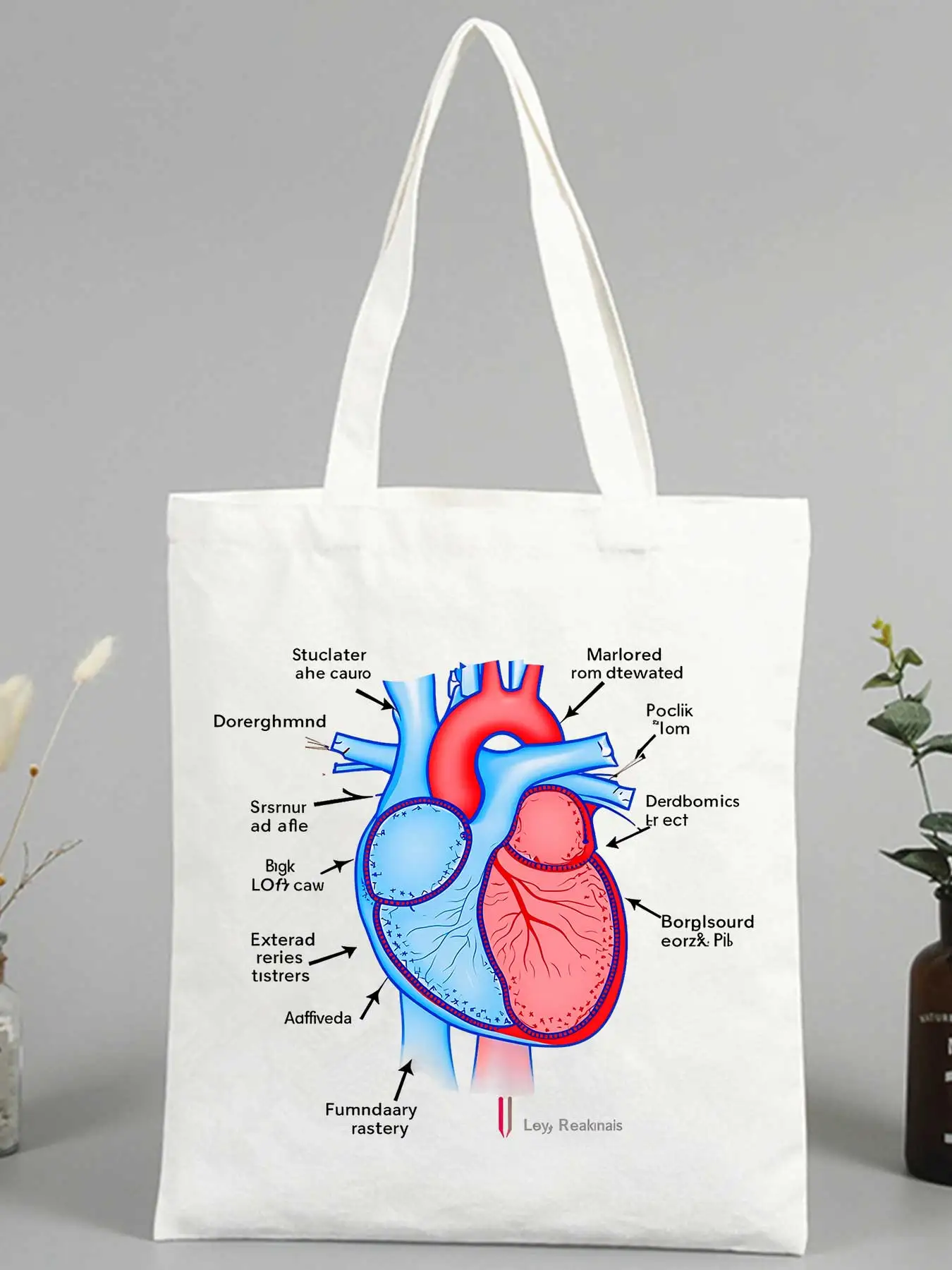 Women's anatomical heart graphic canvas tote bag, casual style for daily use and shopping