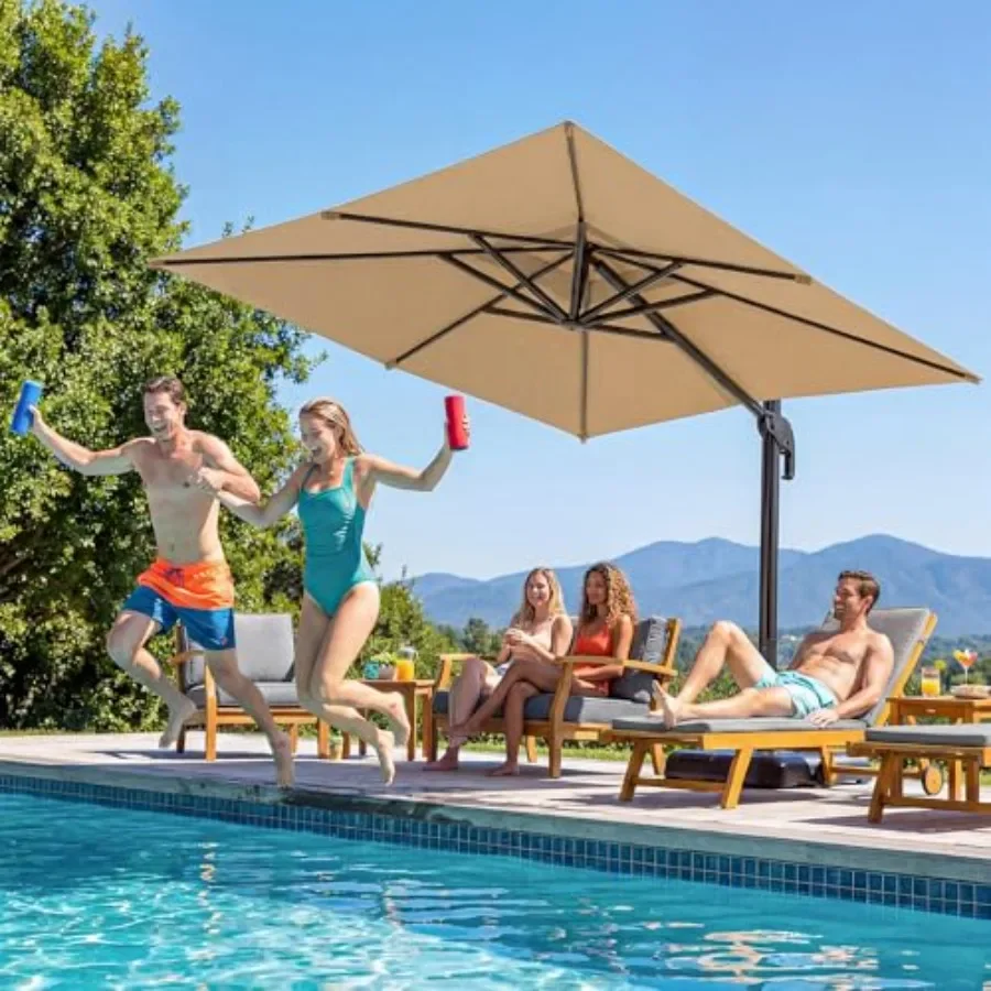 Cantilever Patio Umbrella for outdoor use, aluminum frame with polyester canopy, beige color, tilt and 360 rotation functionali