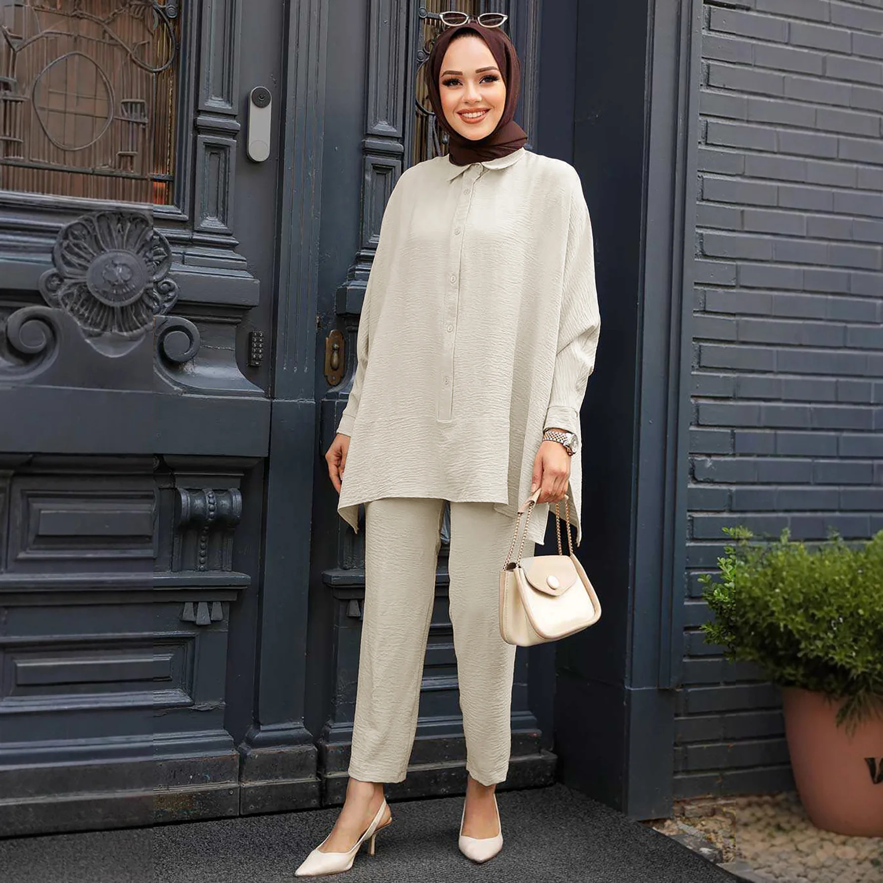 Casual Women Long Sleeve Tops and Pants 2 Piece Set Muslim Outfits Turkey Kaftan Abaya Islam Clothing Shirt Trousers Ensembles