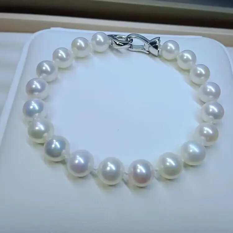 

New AAAA 9-10mm south sea white pearl bracelet 8" 925 silver Fine Jewelry Gifts