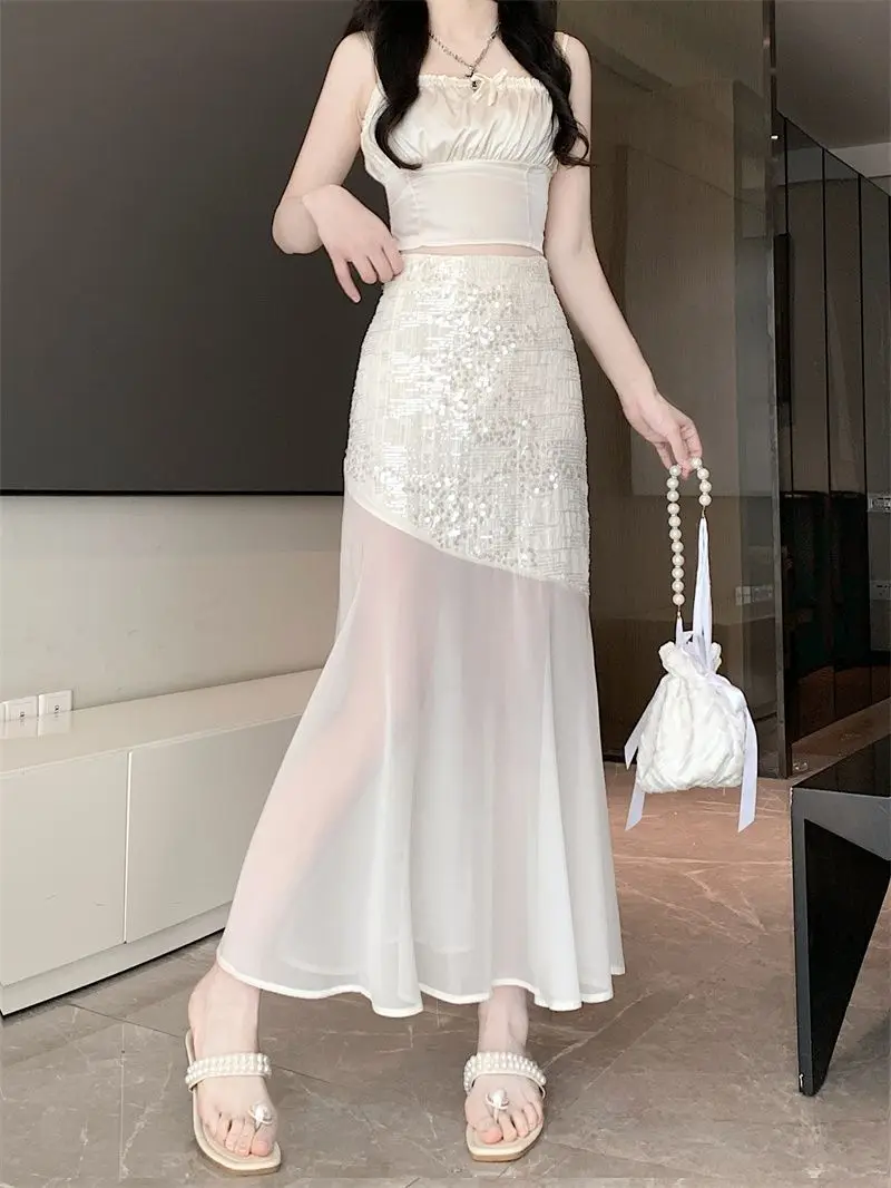 2024 Fragrant Wind Bright Silk Mesh Fishtail New Half length Skirt Long Skirt Summer High Waist One Step Skirt