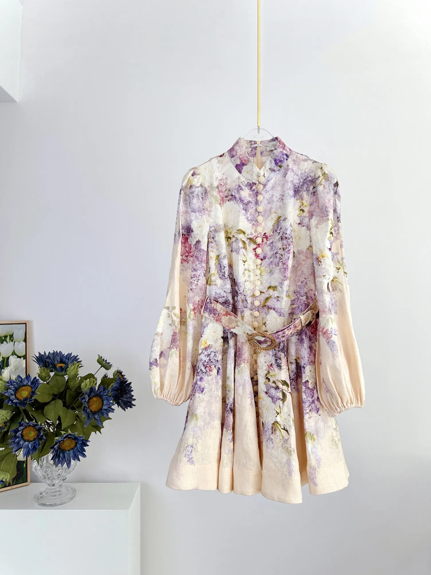 Zimm Floral Linen Mini Women Dress Runway Designer Chic European High Quality