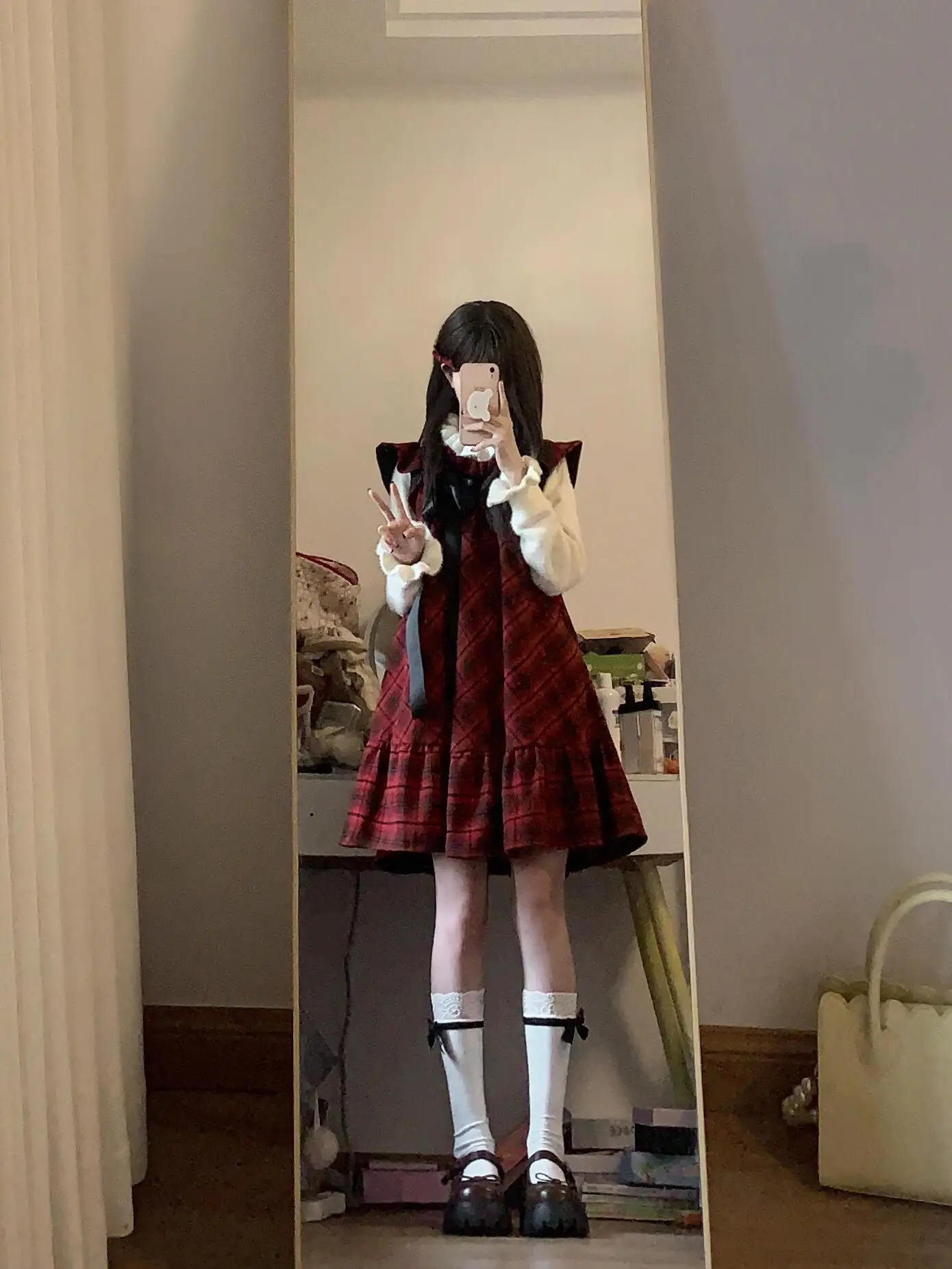 

Ретро колледж Sle Red Plaid ature Fly Sve Dr Женский весенне-осенний новый милый антивозрастной комплект из полиэфирного волокна, тепло