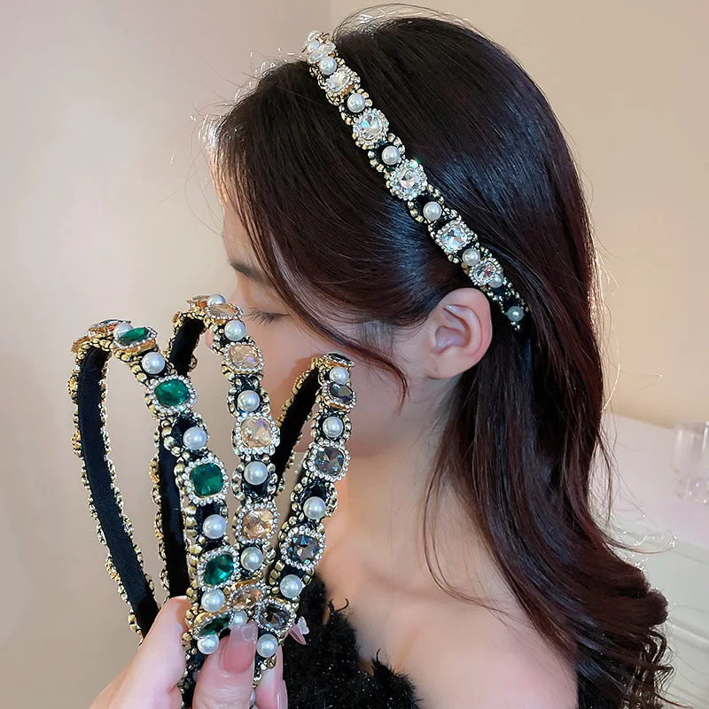 Wholesale New Gem Baroque Headbands For Women Girl Rhinestone Green Black Head Band Diamond Hair Accessories Geometric Hairbands