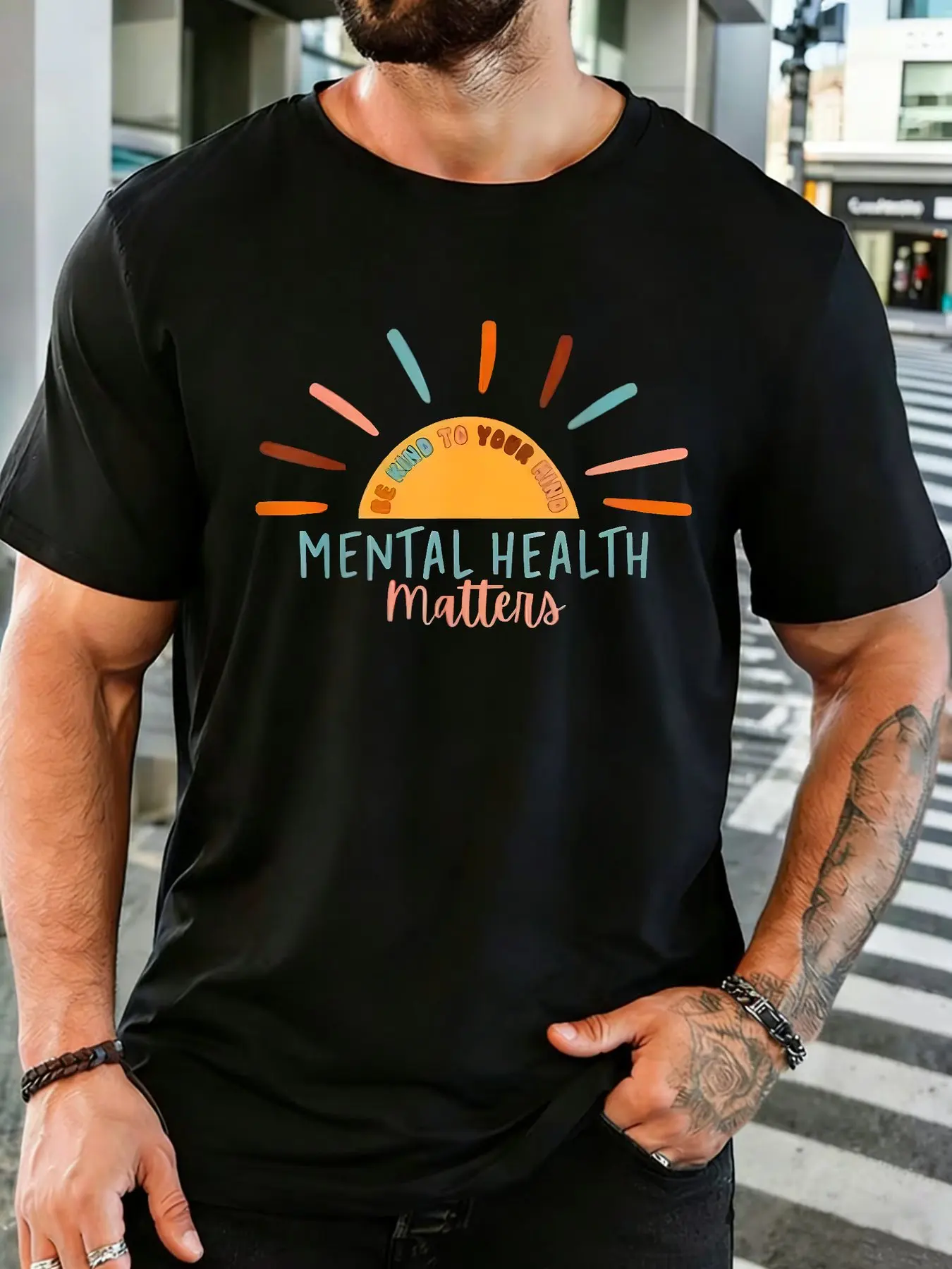 Men Cotton Crew Neck T Shirt Mental Health Matters Sun Slogan Print Positive Mind Wellness Casual Short Sleeve Male Daily Top