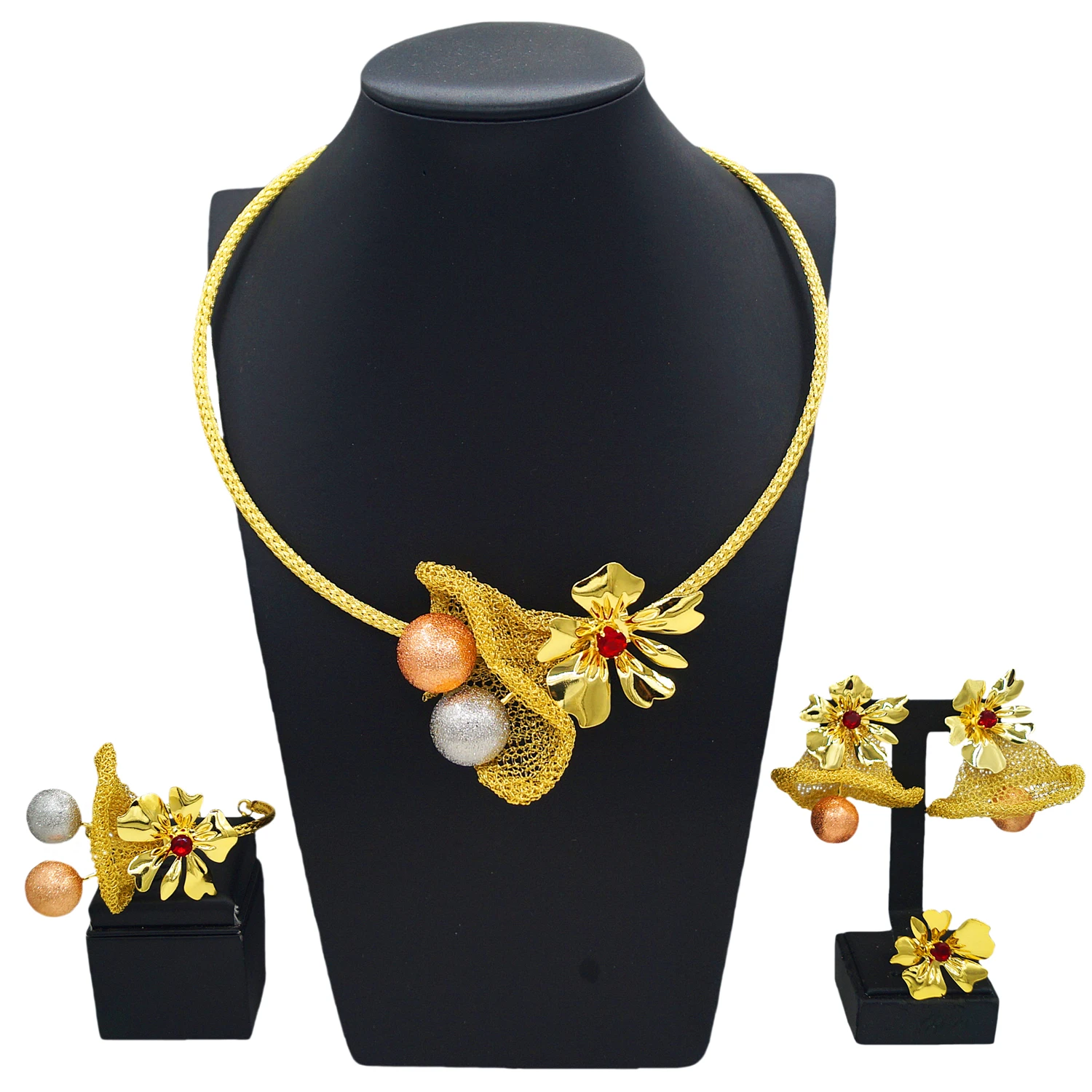 New Italian Court Style Gold Ball Necklace Earrings Bracelet Set Luxury Banquet Jewelry For Women 4pcs High Quality Wedding Gift