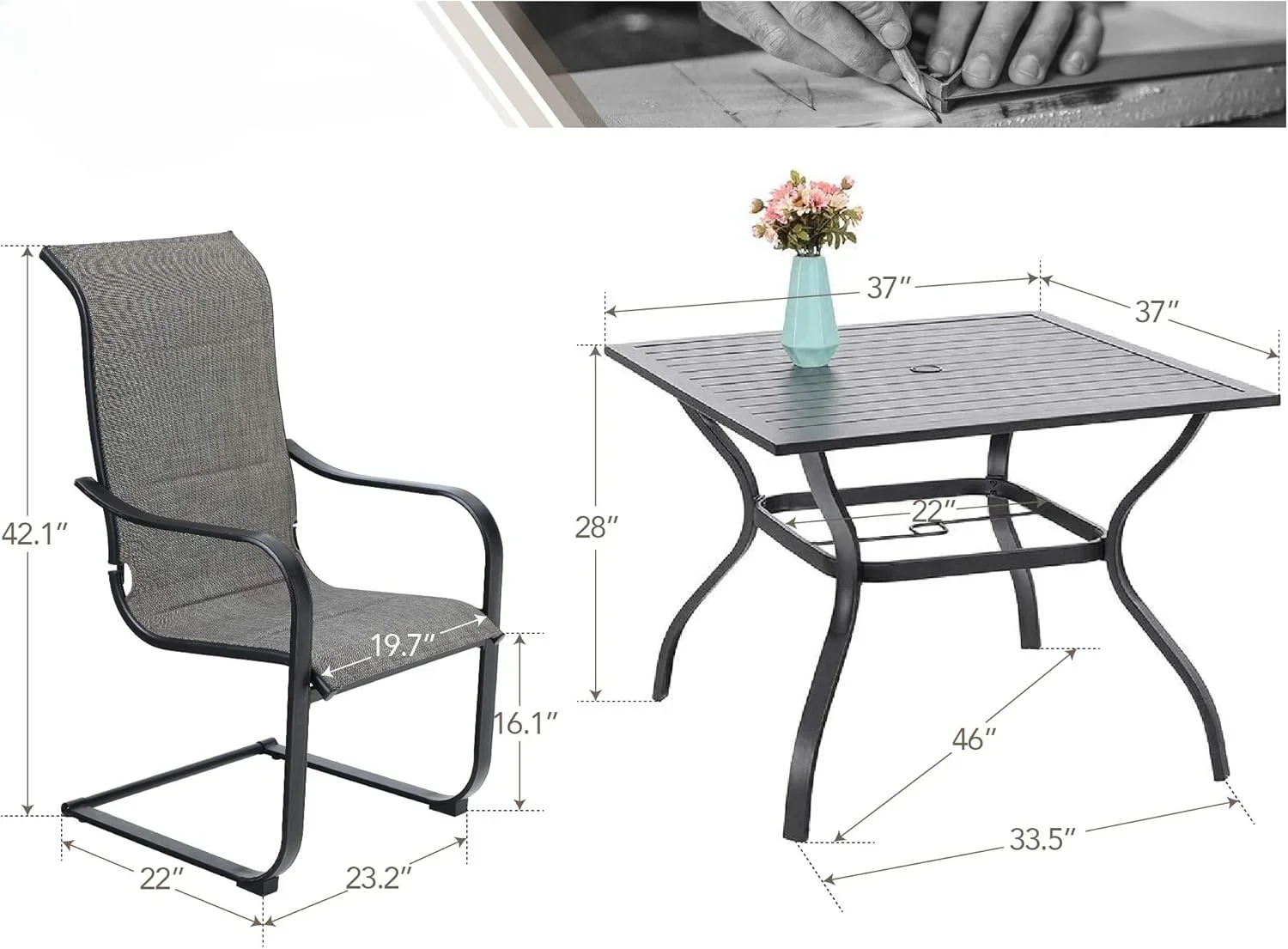 5 Pces Outdoor Patio Table and Chairs, 37” Square Metal Table with Umbrella Hole & 4 Patio Spring Dining Chairs