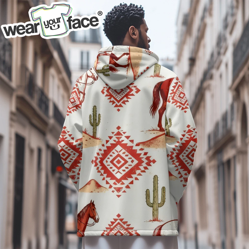 

Western Cowboy Hooded Jacket with Cactus Horse Tribal Geometric Print Soft Fleece Lined Zip-Up Coat for Autumn Winter Outerwear