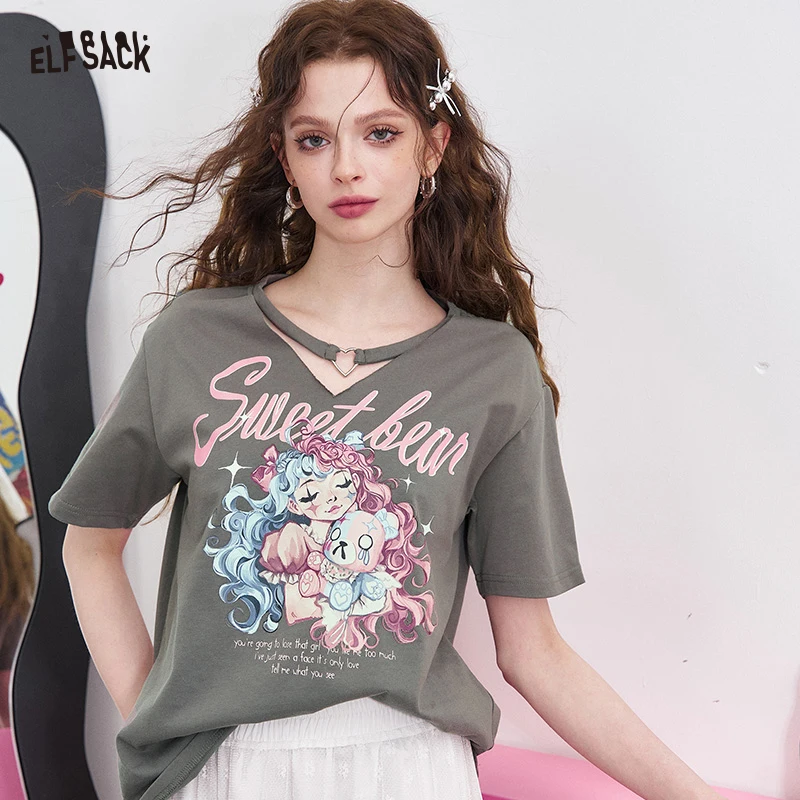 

ELFSACK Grey V-Neck Heart Choker Sweet Bear Girl Print Short Sleeve T-Shirt for Women