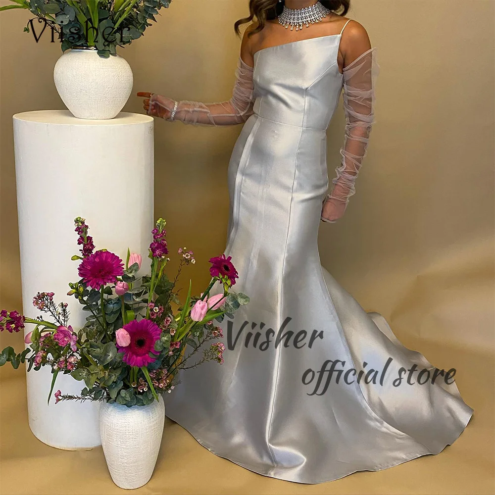 

Viisher Gray Satin Mermaid Evening Dresses for Women One Shoulder Tight Long Formal Prom Dress Dubai Party Gowns