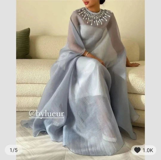 

Classic A-Line Dubai Arabic Muslim Formal Dress Sky Blue Organza Evening Gown Elegant Wedding Guest Dresses for Women Abiye