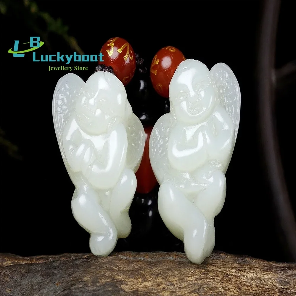 شينجيانغ هيتيان الأبيض اليشم الملاك قلادة الرجال والنساء منحوتة بدقة قليلا