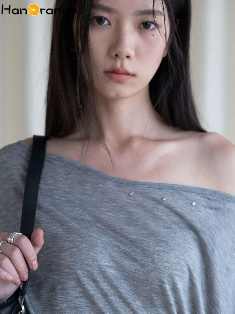HanOrange Summer Slash Neck Rivet Women Lyocell T-shirt 2026 Off-the-shoulder Female Sunscreen Tees Black/Off-white/Gray