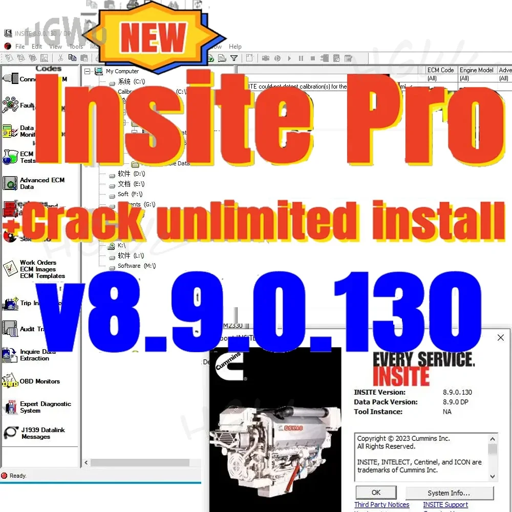 Nieuwste Cummin Insite 8.9 PRO Keygen Engine Diagnostic Software Foutcode Motortests Aanpassing Verwijder ECM Zap-It Geen verval