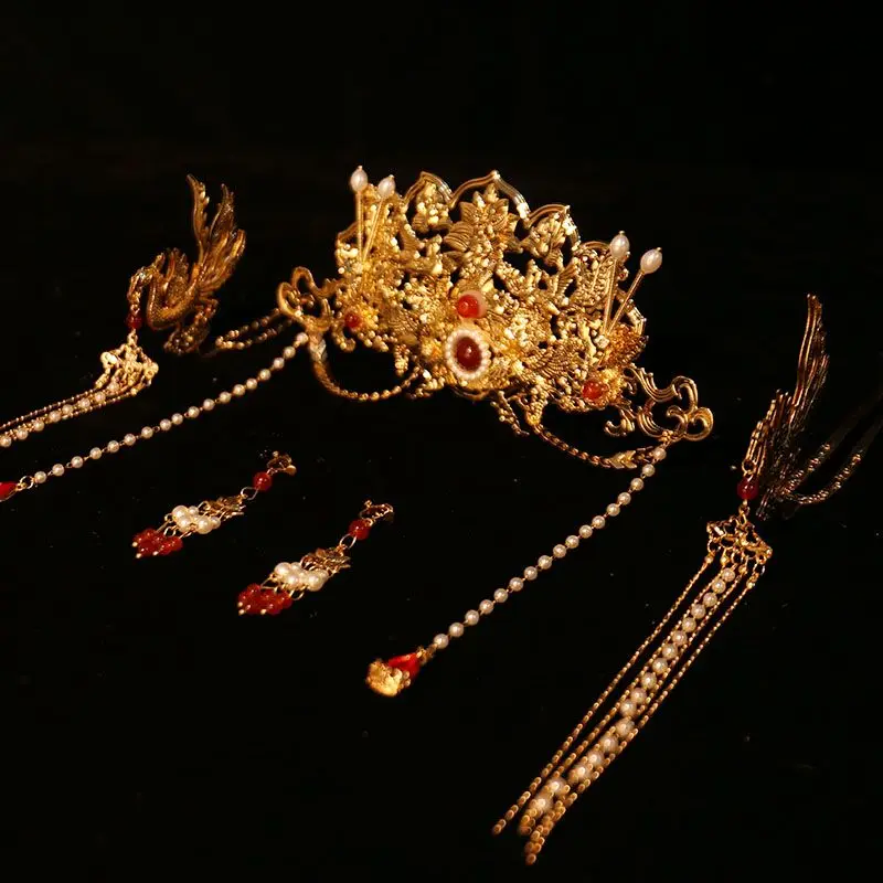 Headwear Anti-Golden Phoenix Antique Hair Immortal Tassel Tang Style Ming Style Hair Crown Ancient Suit Full Set of Accessories