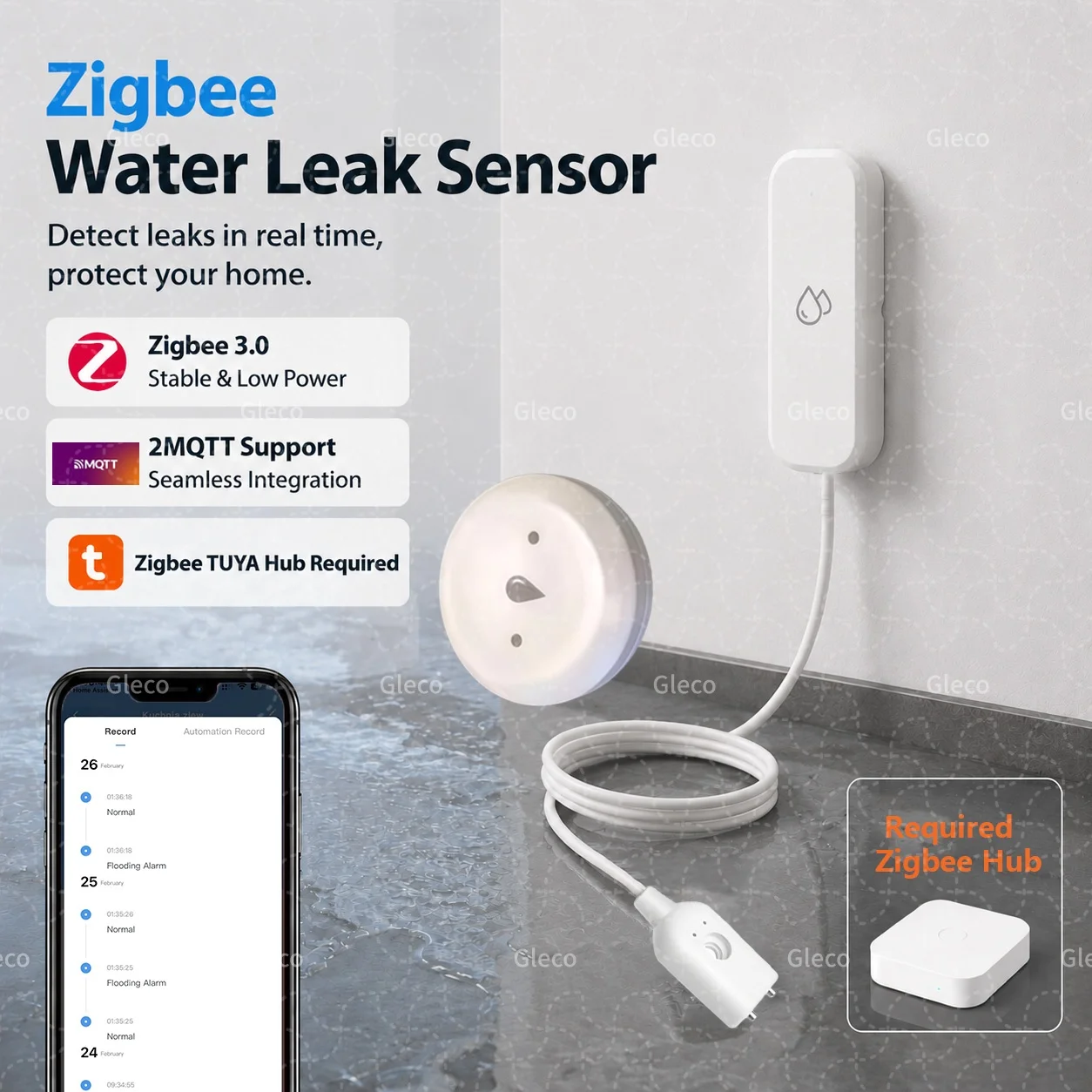 Detector de fugas de agua Zigbee TUYA, Sensor inteligente de inundación para el hogar, cocina, baño, sótano, requiere 2MQTT Gateway