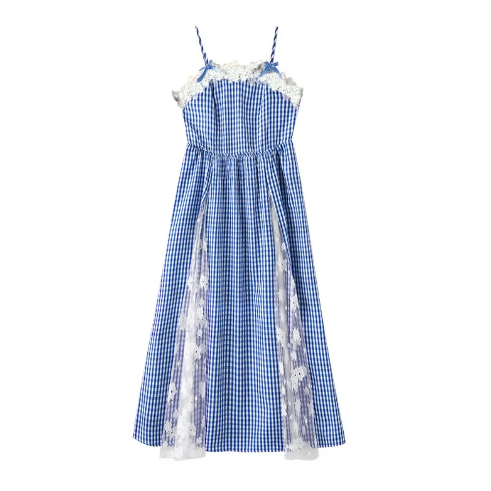 

Casual Plaid Girl Princess Dress Lace Mesh Loose Teens Sling Dress Skirt Sweet Children Sleeveless Dresses Summer