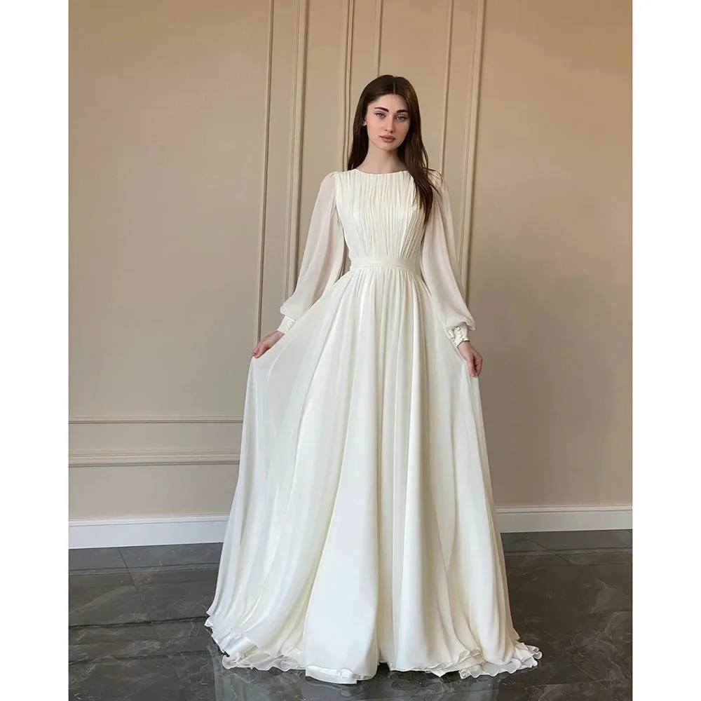 

Elegant White Pearl Yarn Wedding Dresses Fashion Lantern Sleeve O-Neck Sexy Large Swing Long Dress Lady Club Party Ball Gown