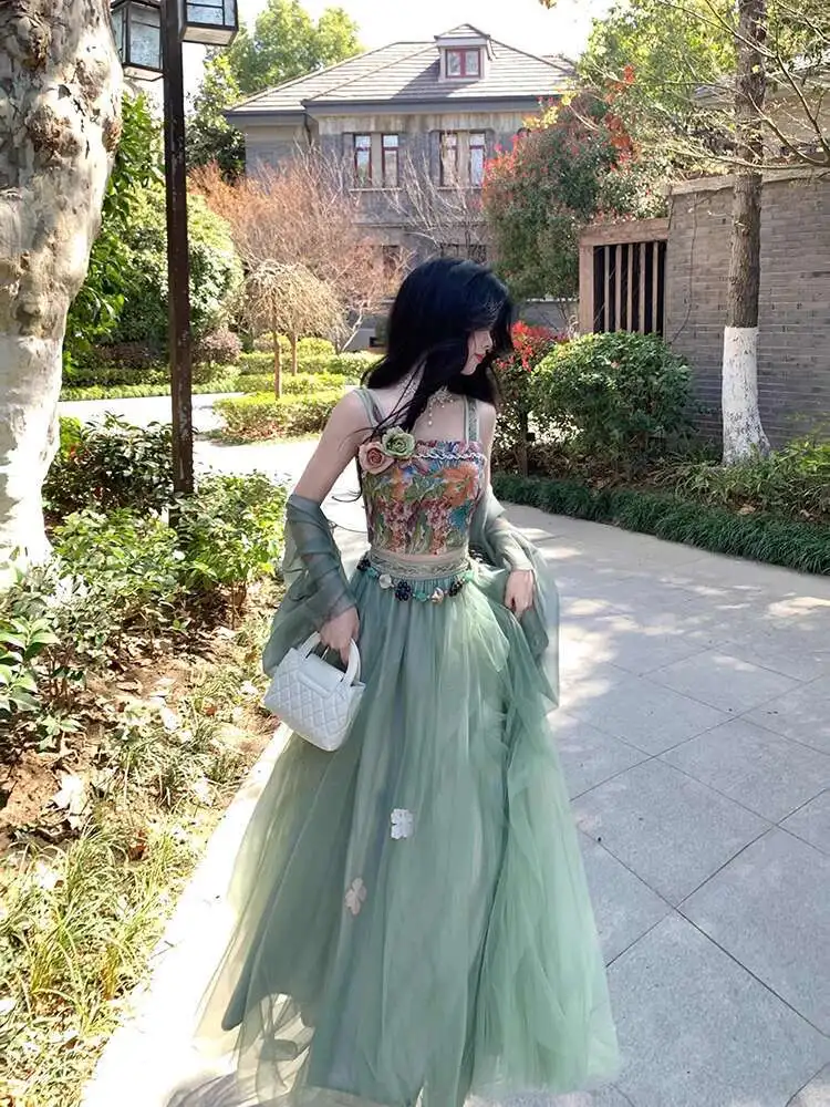 絶妙な気質の高級感ジャカードサスペンダーメッシュスカートカーディガン3点セットスーツ2025新作夏セット