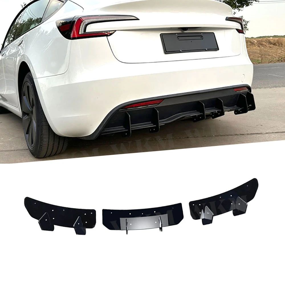 

ABS Rear Bumper Lip Diffuser Spoiler Splitters Guard Body Kit Tuning for Tesla Model 3 2023 +Skid Plate Car Styling