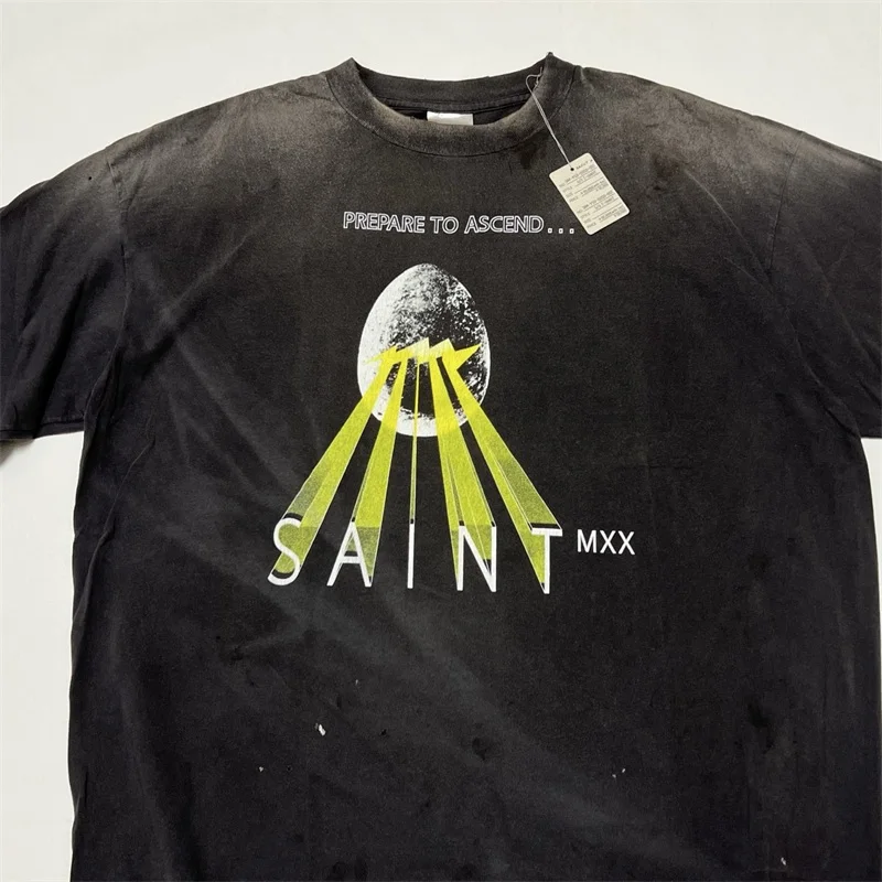 Black Washed SAINT MICHAEL T-Shirts Men Women 1:1 Best Quality Egg SAINT Logo Projection Print Casual T-Shirts
