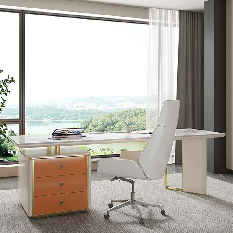 

Modern Sintered Stone Desk with Drawer Storage Cabinet and Metal Legs, Contemporary Writing Table for Home Office or Study