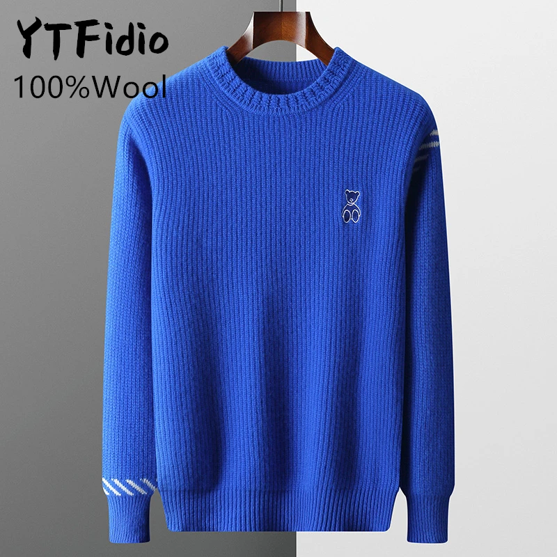 YTFidio 100%Wool Man Winter Sweater O-Neck Casual Jumpers Warm Solid With a Small Bear thickening Knitwear Pullover Tops 129