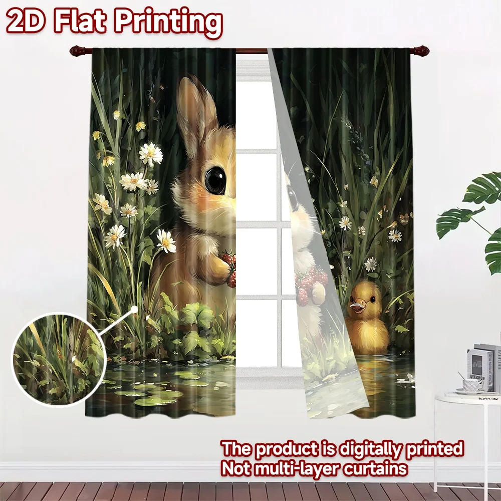 2D flat printing 2pcs Curtain Bunny Duckling Water Nature Digital Printed Polyester Drapes Festive Wall Decor Perfect for