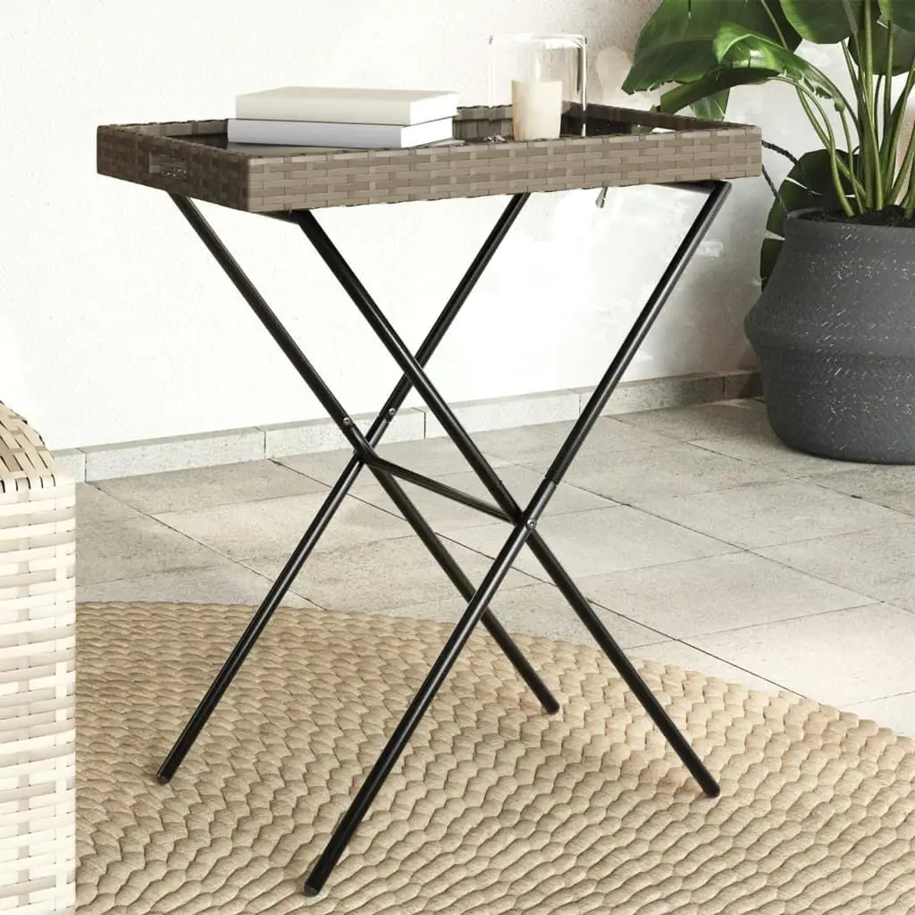 Grey Folding Tray Table 65x40x75 cm - Durable Poly Rattan Outdoor/Indoor Use