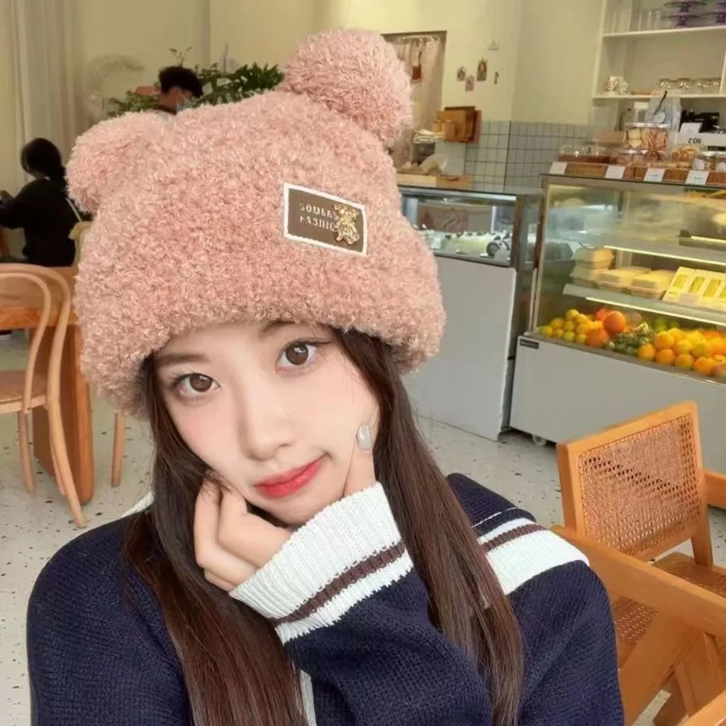 Plush Hat Autumn Winter Women Beanie Caps Warm Cute Bear Ear Hat Casual Couple Knitted Plush Soft Warm Beanies Hats Present 2024