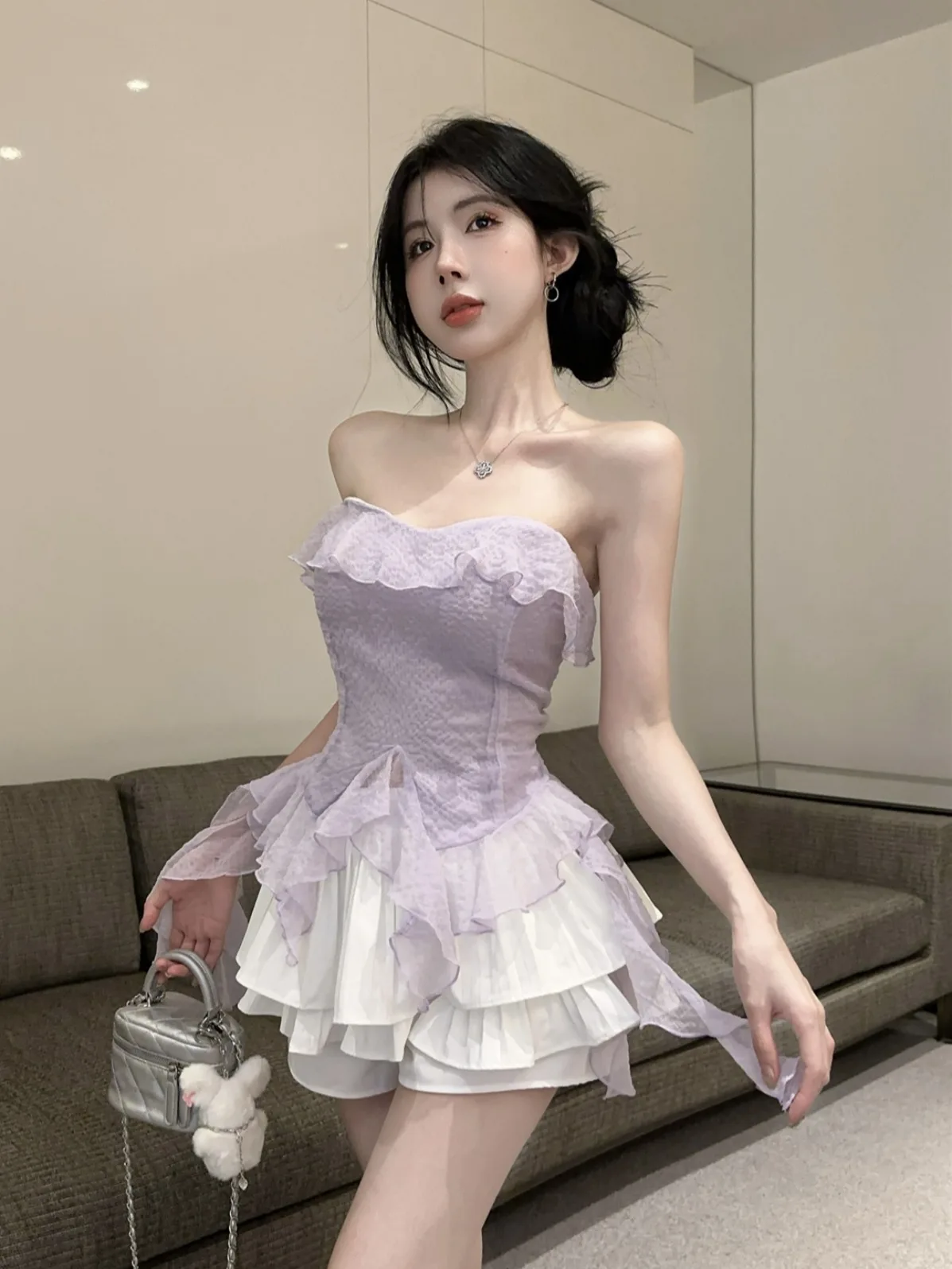 

Purple Sweet Spicy Ruffle Hem Asymmetrical Tube Top Short Skirt Women's Spring Summer Fashion Set Casual High Waist Short Skirt
