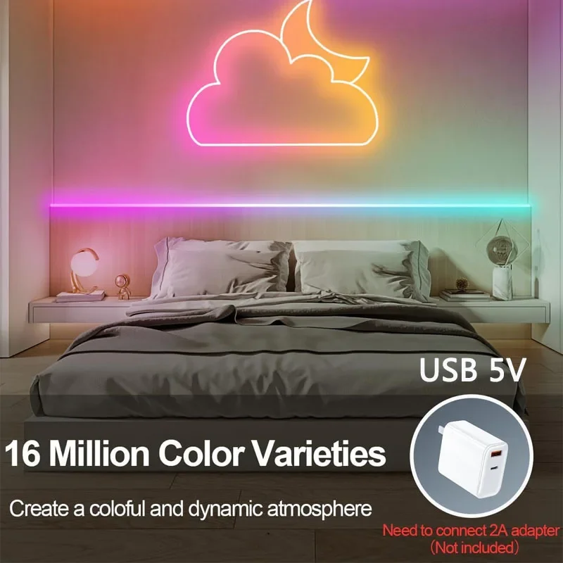 Neon LED RGB Strip Lights 5V Silicone Neon Rope Light with Intelligent Music Sync RGBIC Dreamcolor Chasing Strip Tape for Room