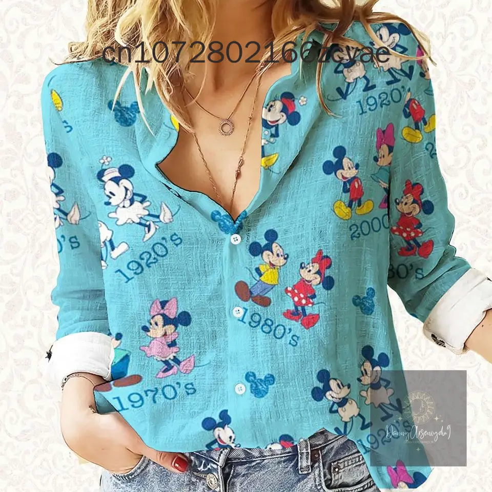 2024 New Disney Mickey Mouse Women's Long sleeved Polo Neck Shirt Mickey Minnie Casual Cute Y2K Shirt Street Fashion Top