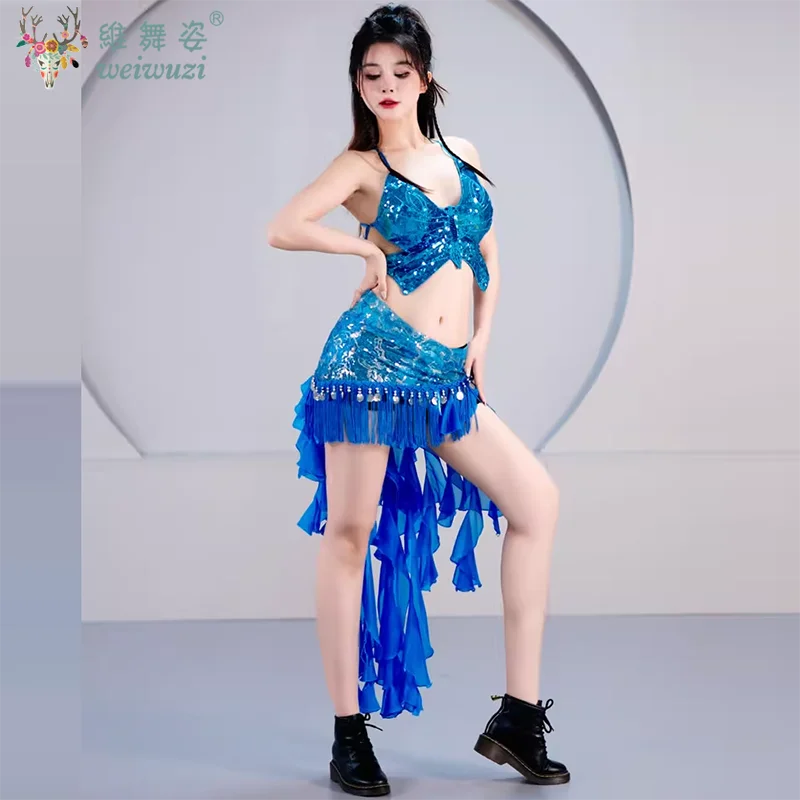 Conjunto de 3 uds de cinturón y sujetador con parte superior de mariposa para danza del vientre, falda de cadera con flecos de lentejuelas latinas, traje de fiesta Sexy con borlas puesta en escena