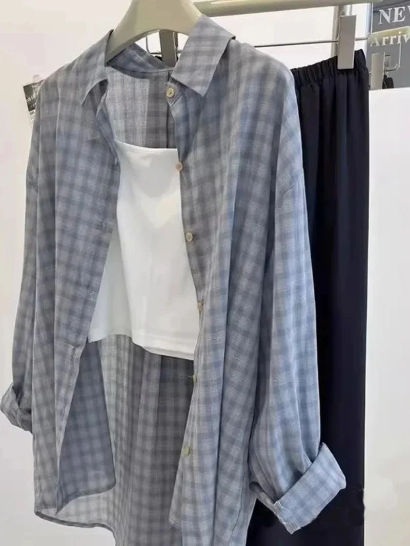 Plaid Shirt Women's Autumn Faionable Thin Sun Protection Mid-Length Cover-Ass Cheered Irt Outerwear Top Korean Sle 2025