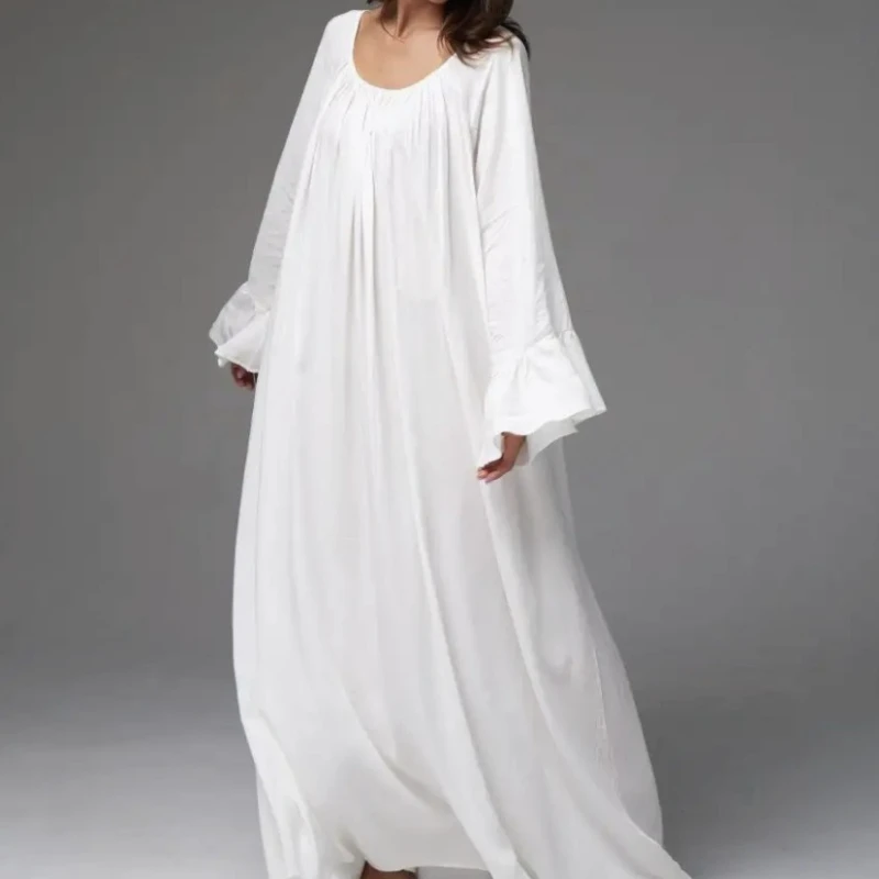 

Women Elegant White Maxi Dress Spring Autumn Long Petal Sleeve Square Neck Robe Casual Loose Dress Female Solid Vintage Gown
