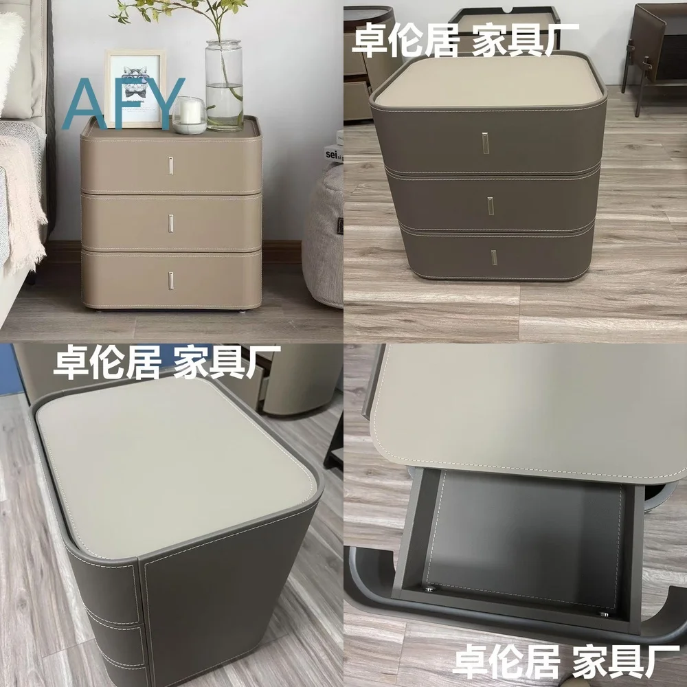 Italian Minimalist Solid Wood Bedside Table for Luxury Home Decor Saddle Leather Side Cabinet High End Designer Nightstand