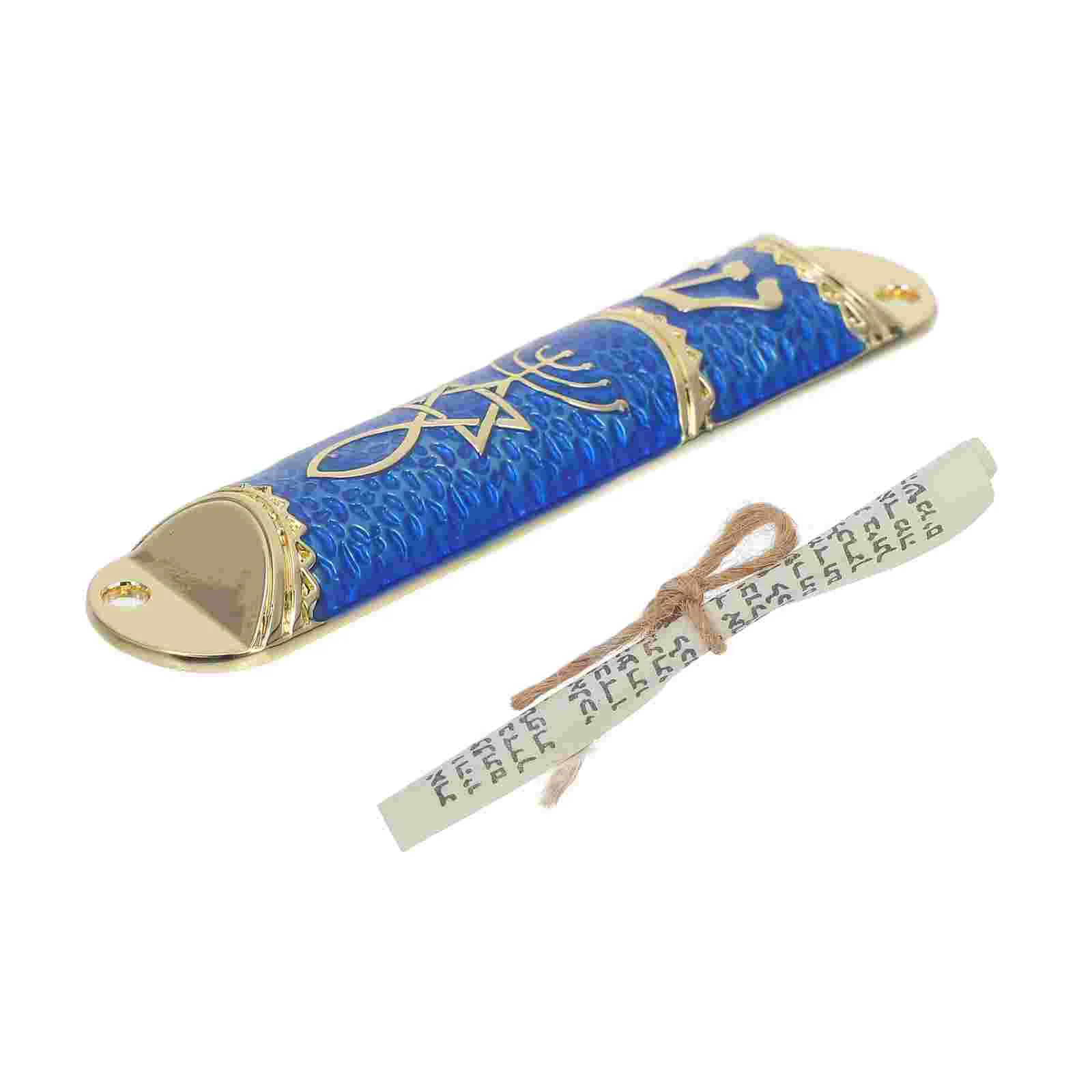 

Messianic Jewelry Goal Post Metal Mezuzah with Scroll Reel Beige Paper on Door Frame