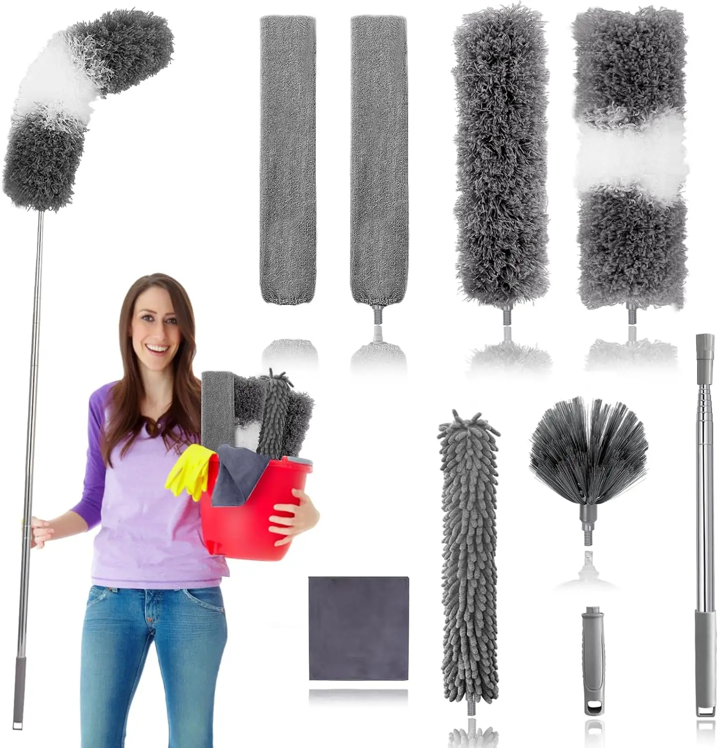 

9Pcs Bendable Feather Duster Set with 100'' Extension Pole, Washable Microfiber, for Fans, Blinds, High Ceilings, Furniture, Cars